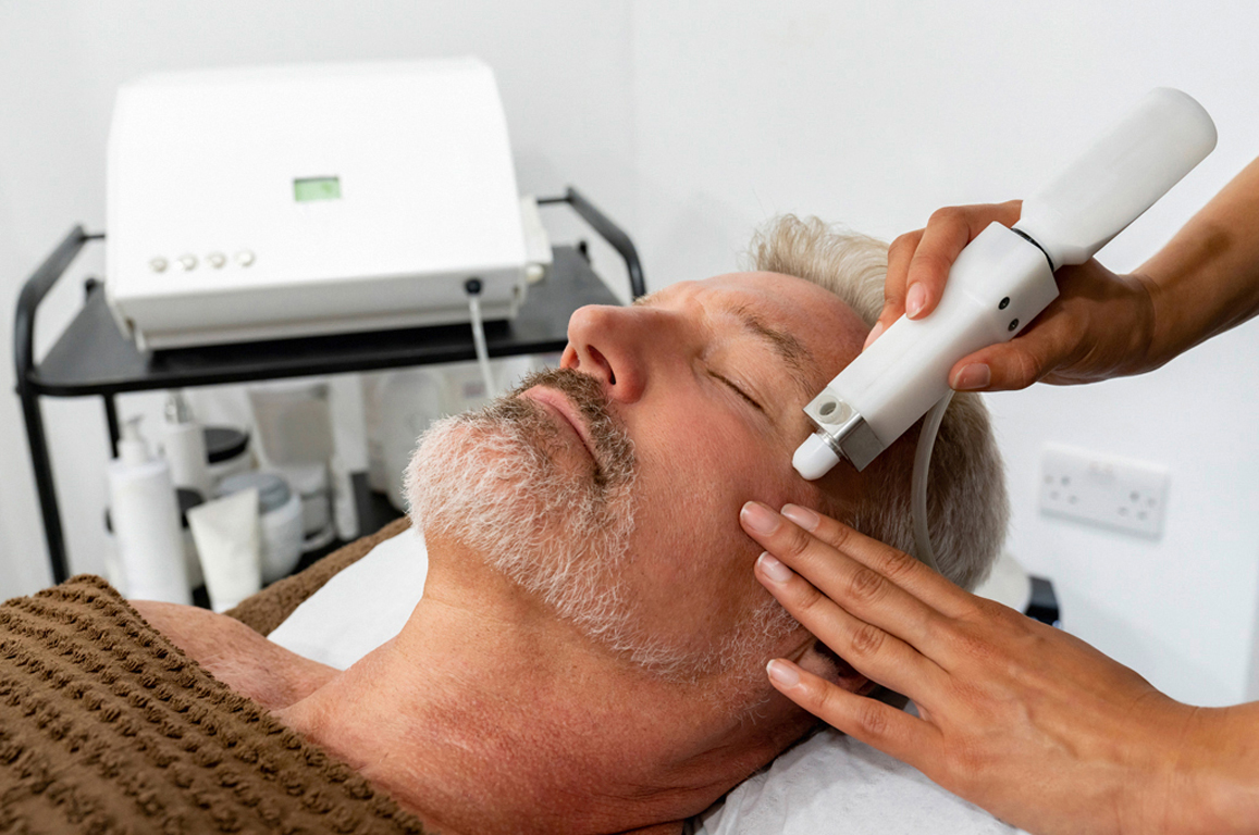 Man at the spa getting a facial laser treatment