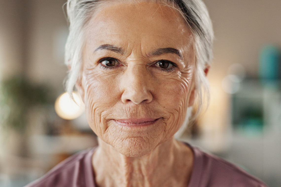 Senior woman, portrait and smile with anti aging treatment, collagen facial results and microblading confidence. Beauty, face and cosmetics for wrinkles, skin hydration or dermatology with aesthetic